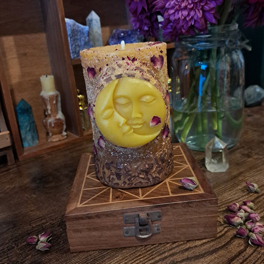 'Sun/Moon' Beeswax Pillar Candle | Cinnamon, Frankincense & Rose