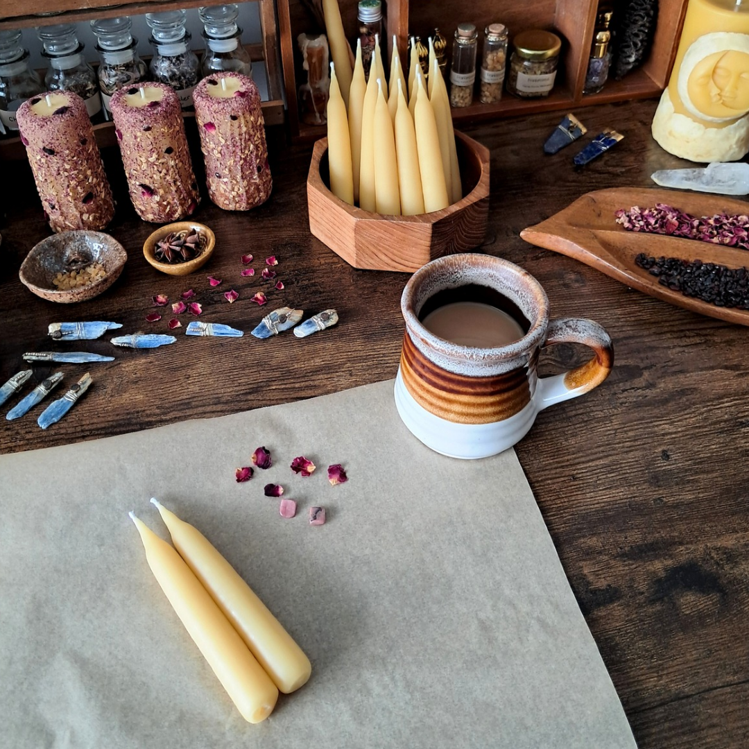 Ritual Set ♡ Botanical Beeswax Taper Candles with Holders
