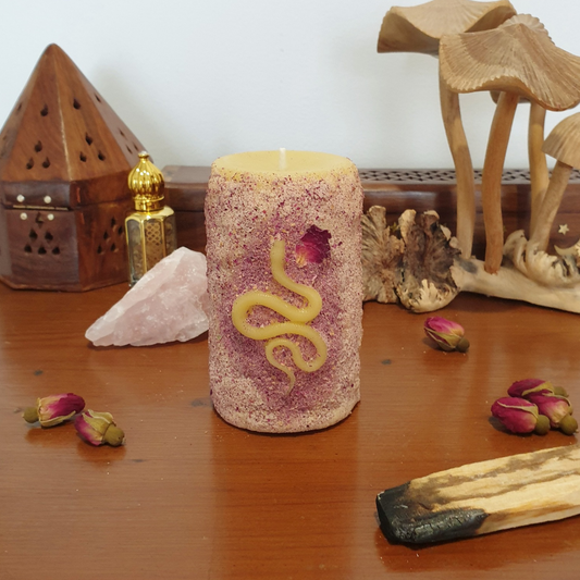 'Rose Serpent' Small Pillar Beeswax Candle | 25 Hrs ♡ One-of-a-kind