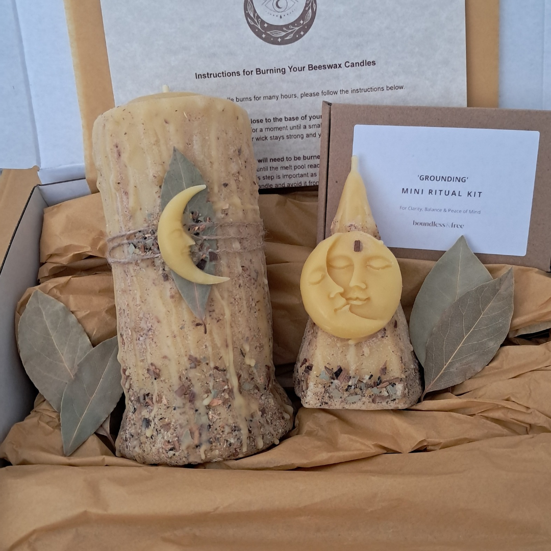 'Celestial Earth' Large Beeswax Pillar & Moon Pyramid ♡ Candle Gift Set