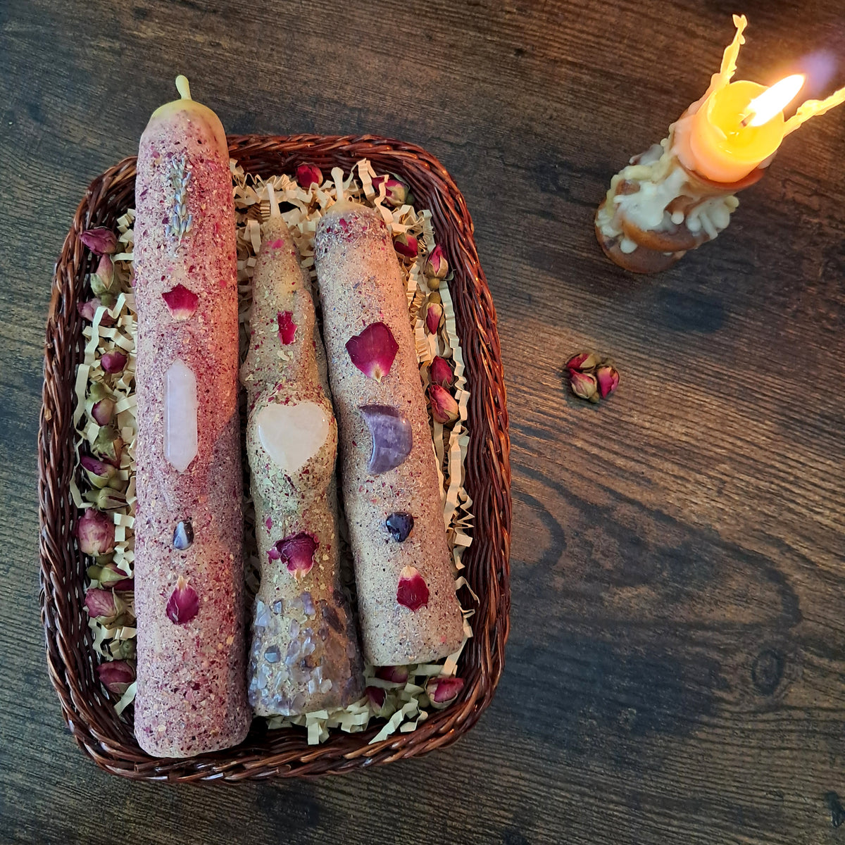 Rose & Lavender Beeswax Taper Candle Trio | with Rose Quartz & Amethyst