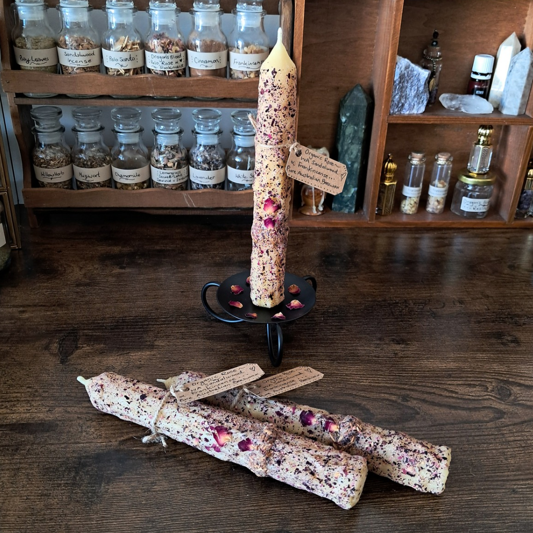 Rose, Frankincense & WA Sandalwood 20cm Beeswax Taper (Single)