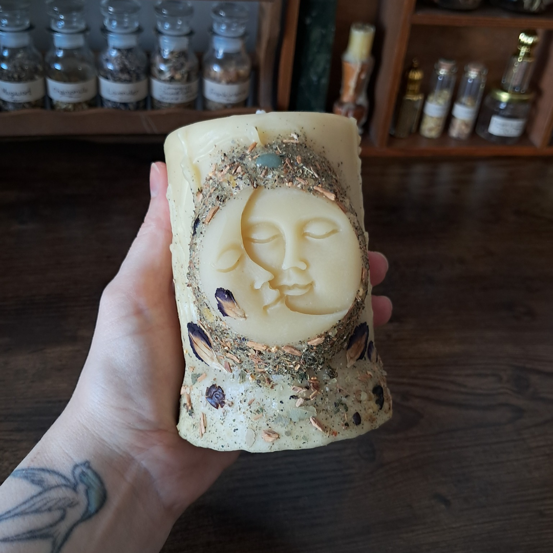'Sun/Moon' Medium Beeswax Pillar Candle | The Mystic's Forest