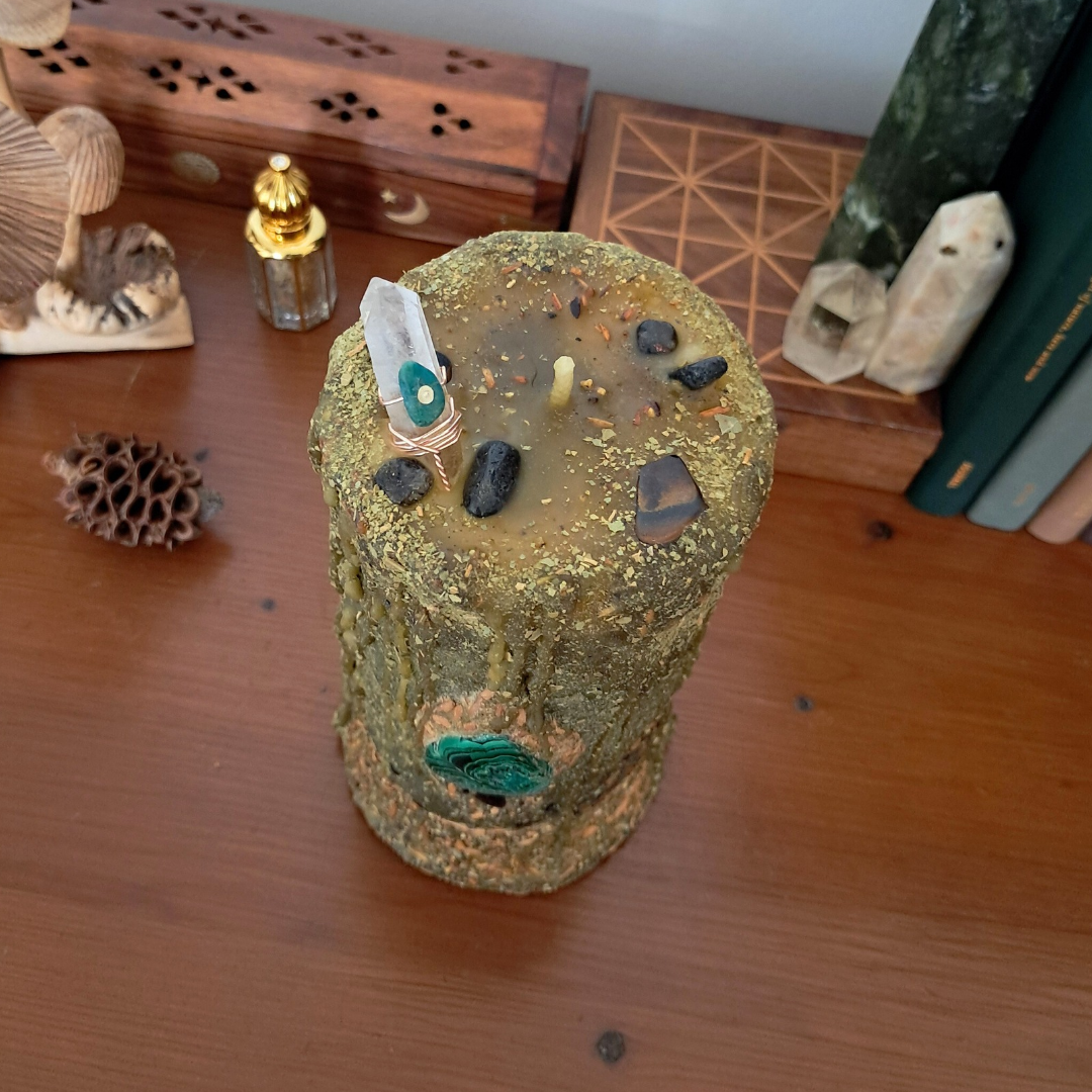 Chrysocolla & Malachite Large Beeswax Candle | The Mystic’s Forest