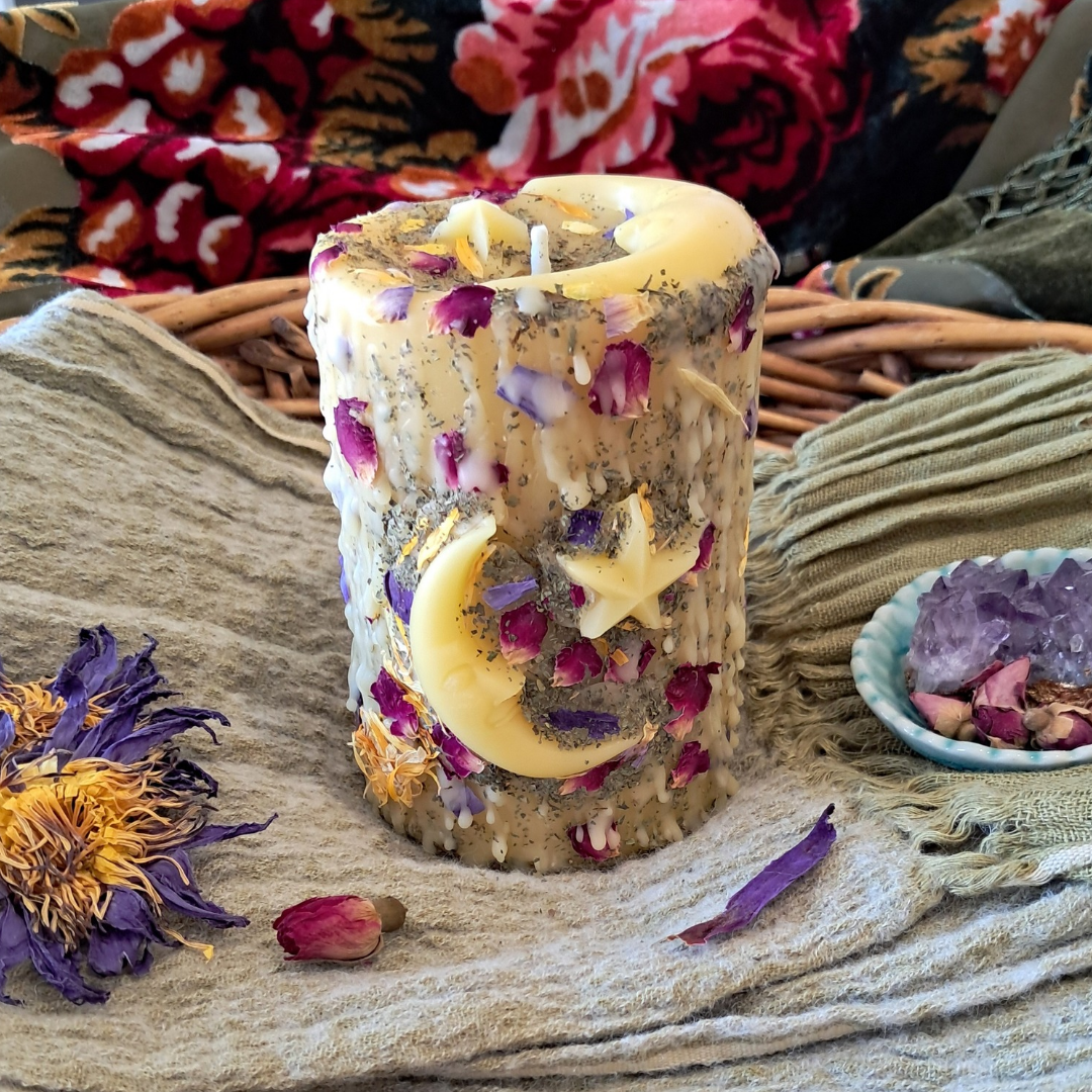 'Lunar Bloom' Beeswax Pillar Candle ♡ Medium | 60+ hrs