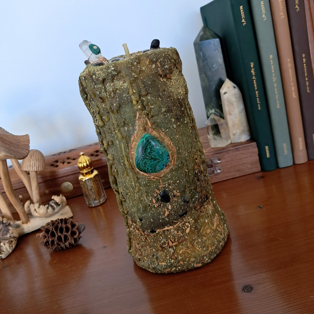 Chrysocolla & Malachite Large Beeswax Candle | The Mystic’s Forest