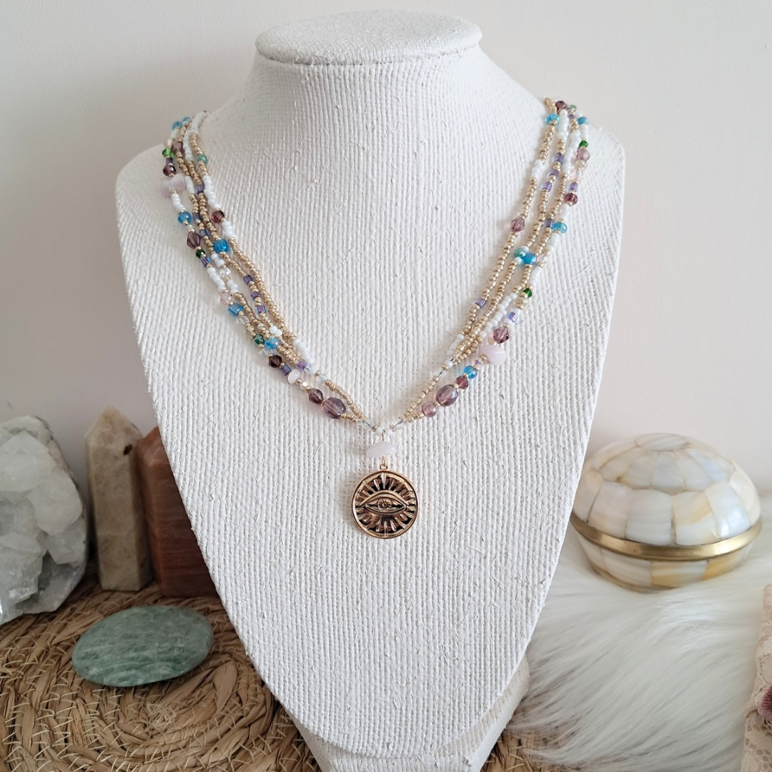 'Eclectic Charm' Beaded Necklace with 14k Gold-plated Evil Eye Pendant