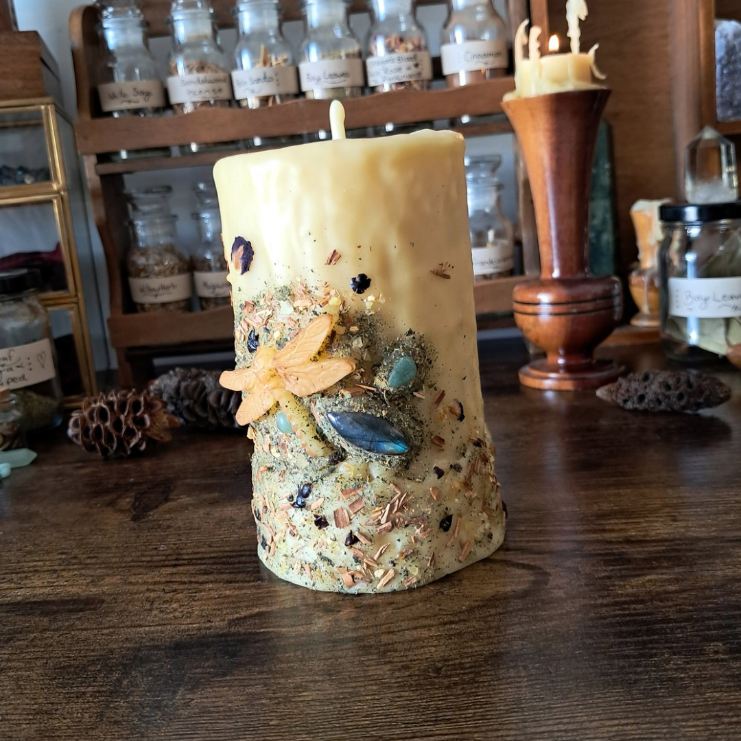 Dragonfly Beeswax Pillar Candle | The Mystic's Forest