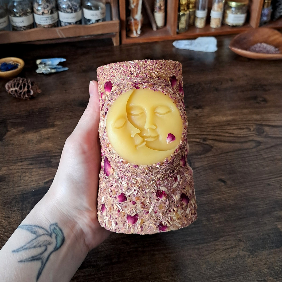 Sun & Moon Beeswax Pillar Candle | Palo Santo, WA Sandalwood, Rose, Frankincense & Myrrh