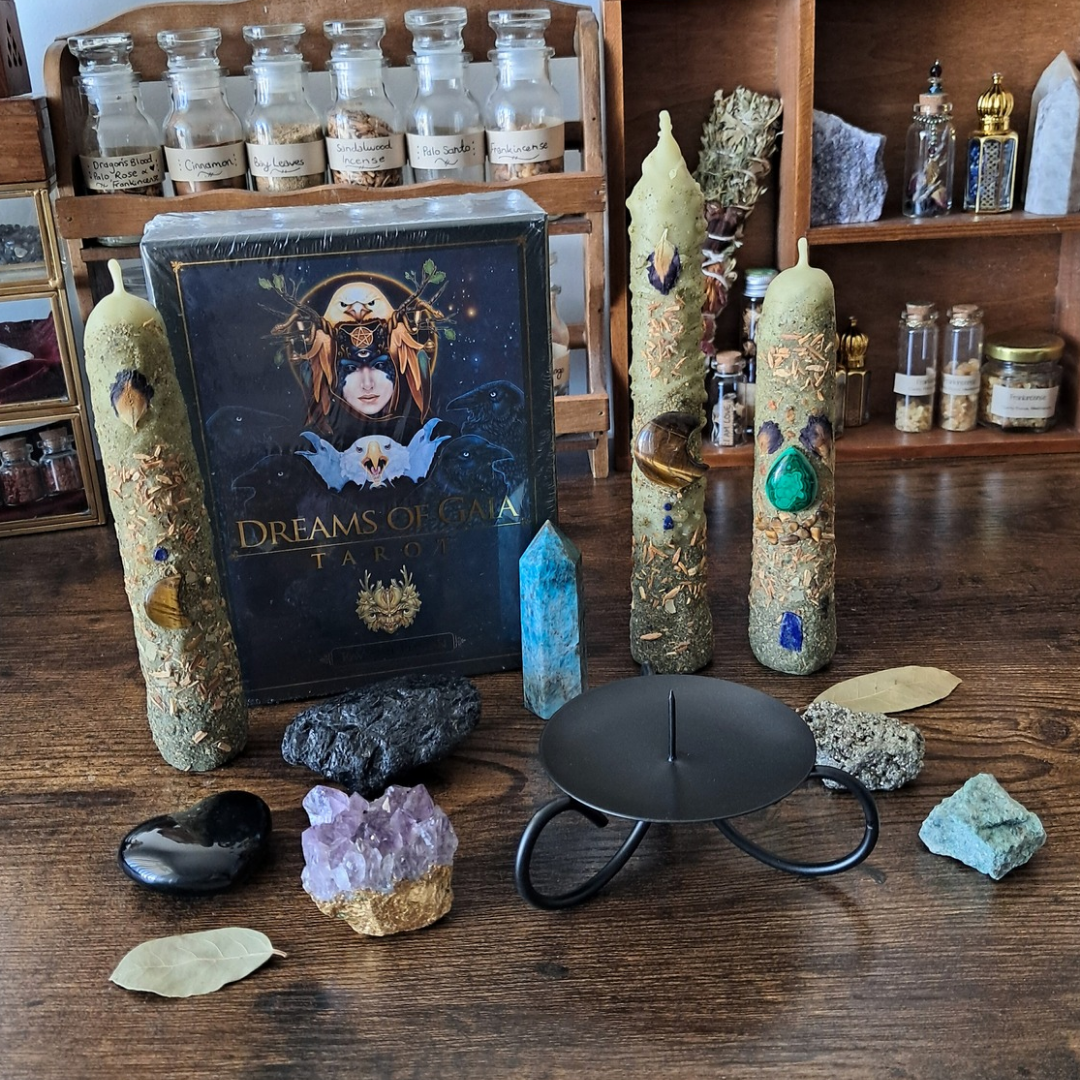 The Mystic's Forest Ritual Box | with Gemstone Beeswax Candles & Dreams of Gaia Tarot