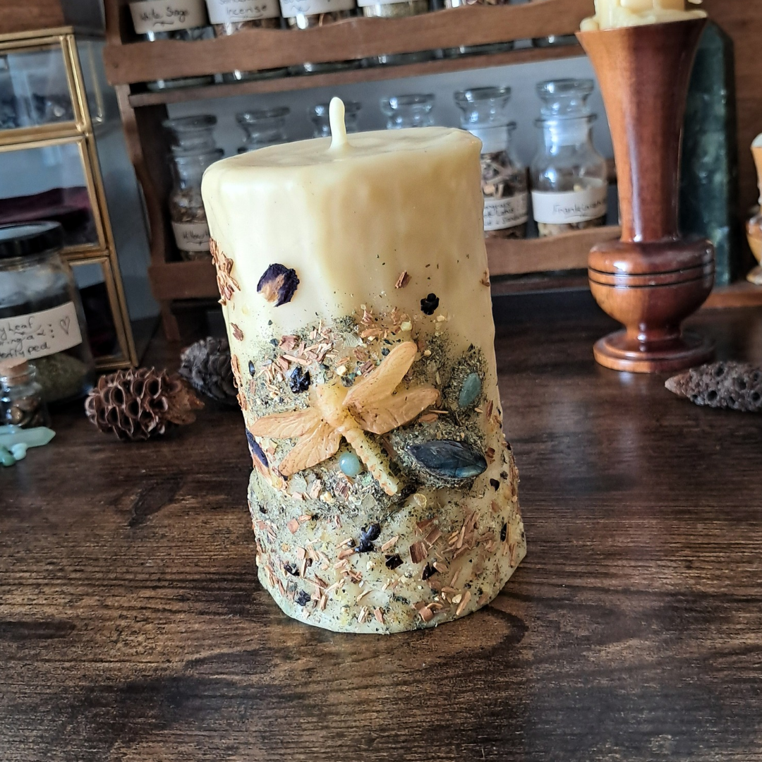 Dragonfly Beeswax Pillar Candle | The Mystic's Forest