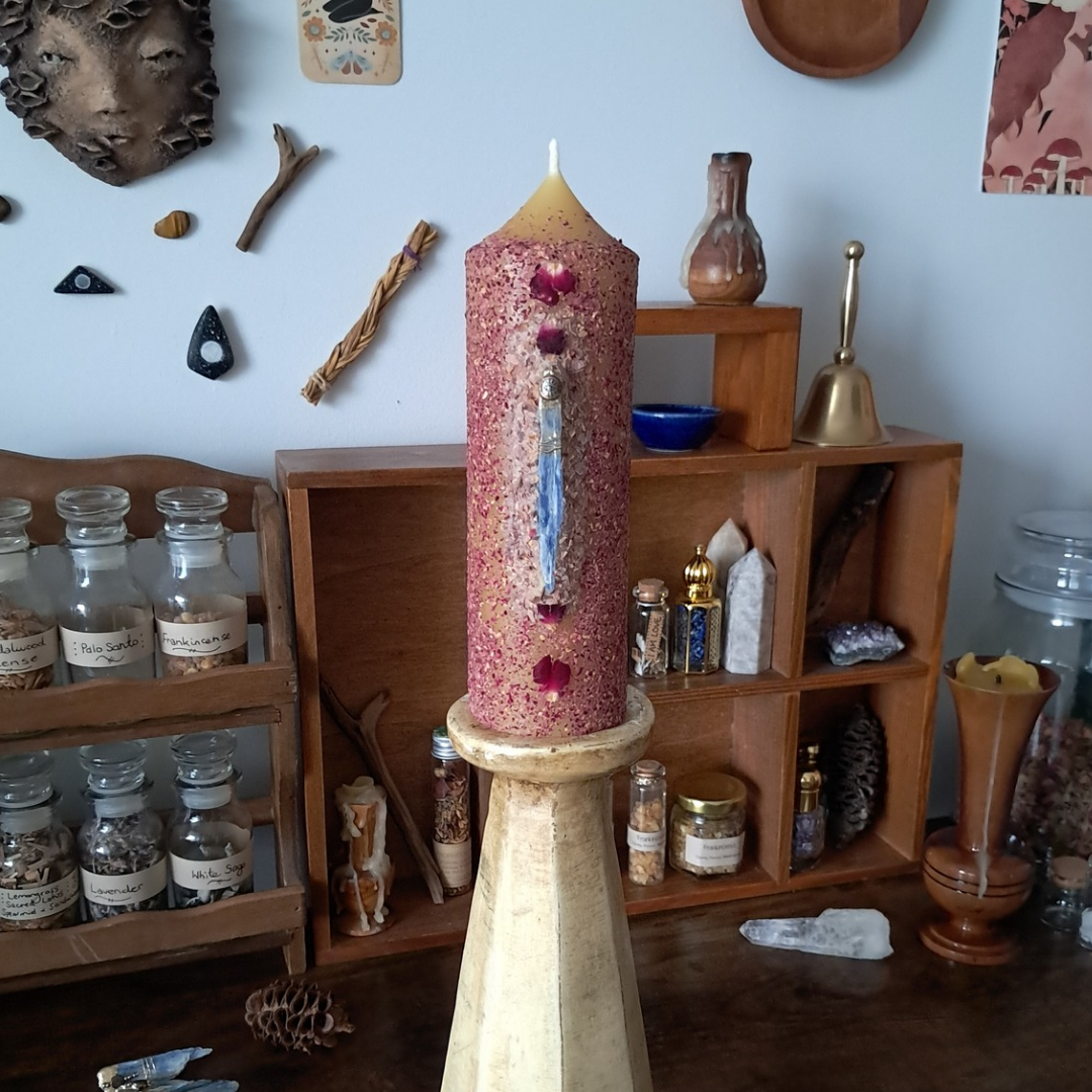 Kyanite & Rose Beeswax Pillar Candle | One-of-a-kind