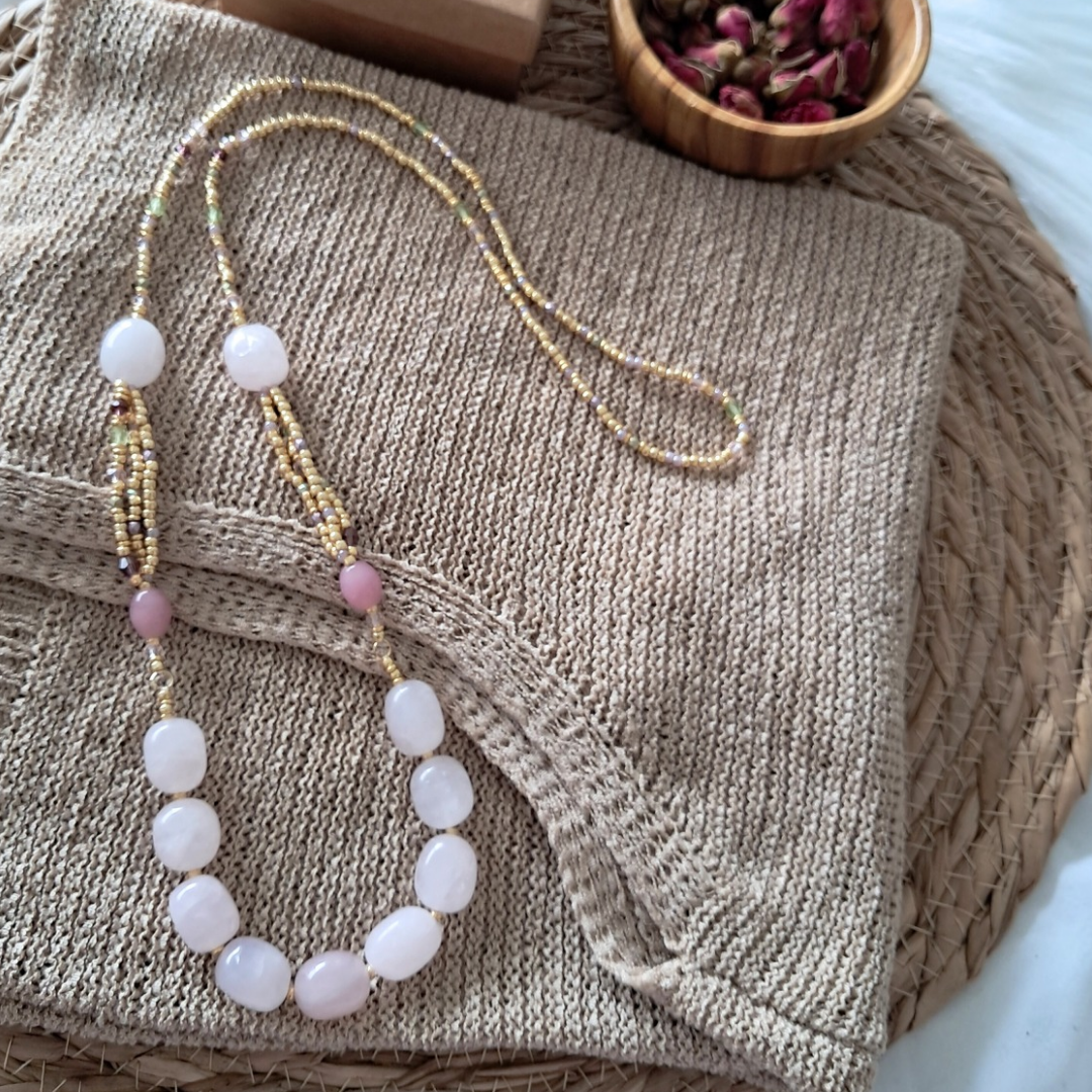 Celestial Rose Quartz Beaded Necklace | One-of-a-kind