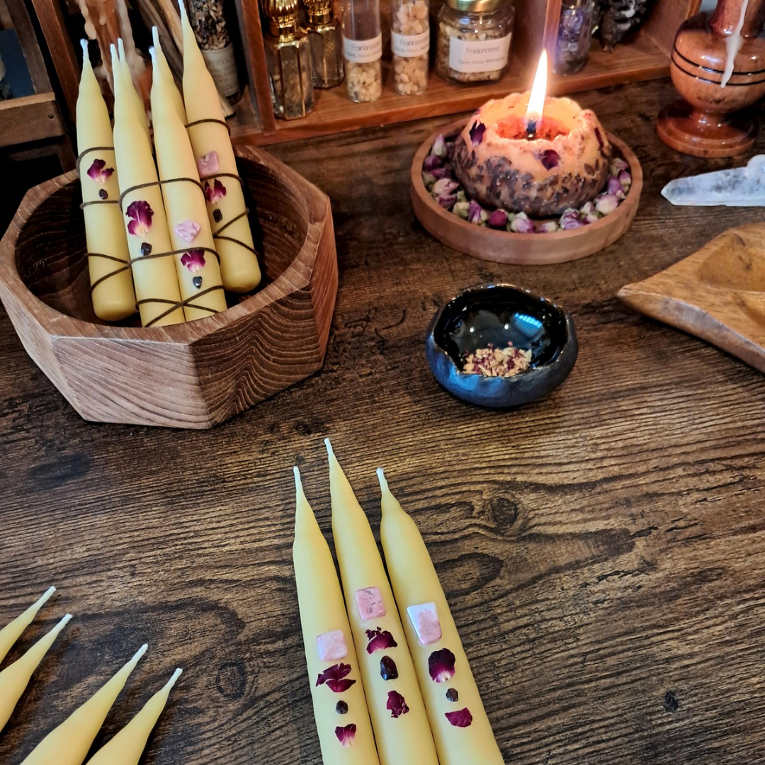 Mini Beeswax Taper Candles (Pair) ♡ with Rhodonite & Garnet Gemstones