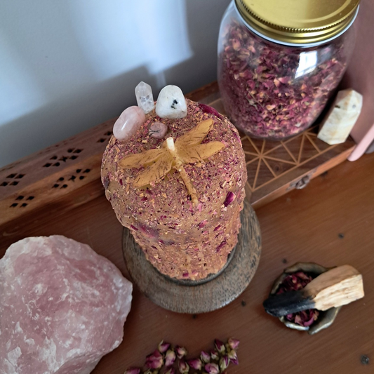 Large Dragonfly Beeswax Candle with Gemstones ♡ Sacred Rose