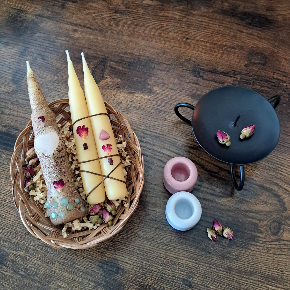 Ritual Set ♡ Botanical Beeswax Taper Candles with Holders