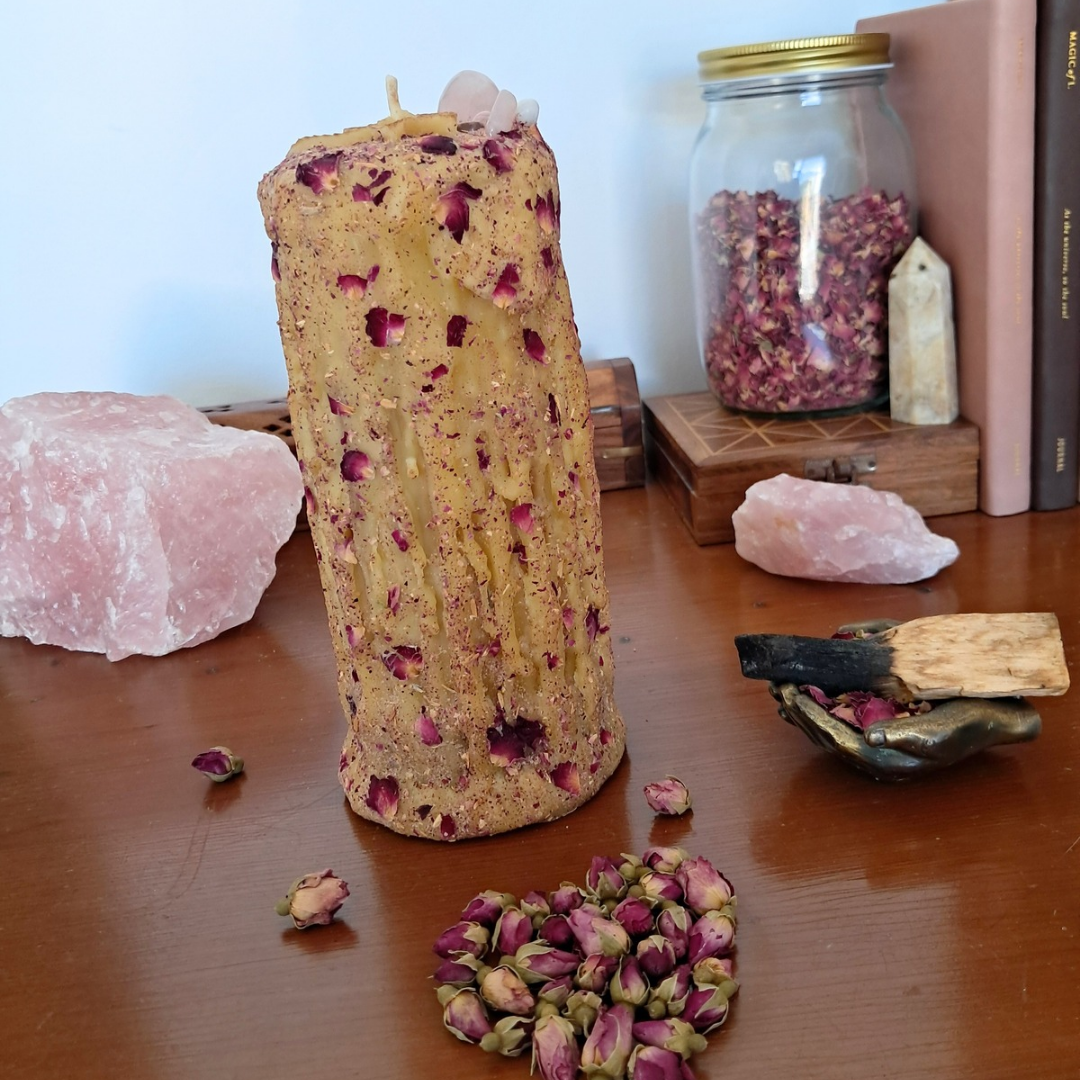 Extra Large Dragonfly Beeswax Candle with Gemstones ♡ Sacred Rose