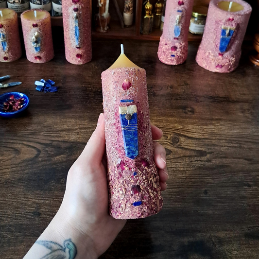 Lapis Lazuli & Rose Beeswax Candle | One-of-a-kind