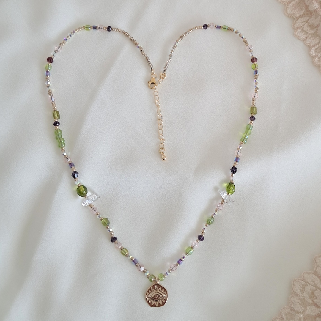 'Forest Fae' Beaded Necklace with Evil Eye Pendant