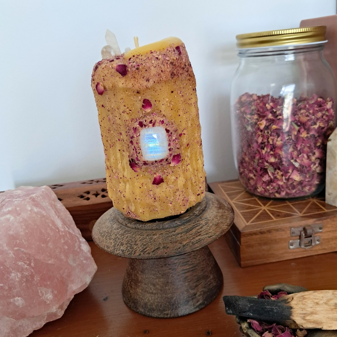 Medium Crescent Moon Beeswax Candle with Gemstones ♡ Sacred Rose