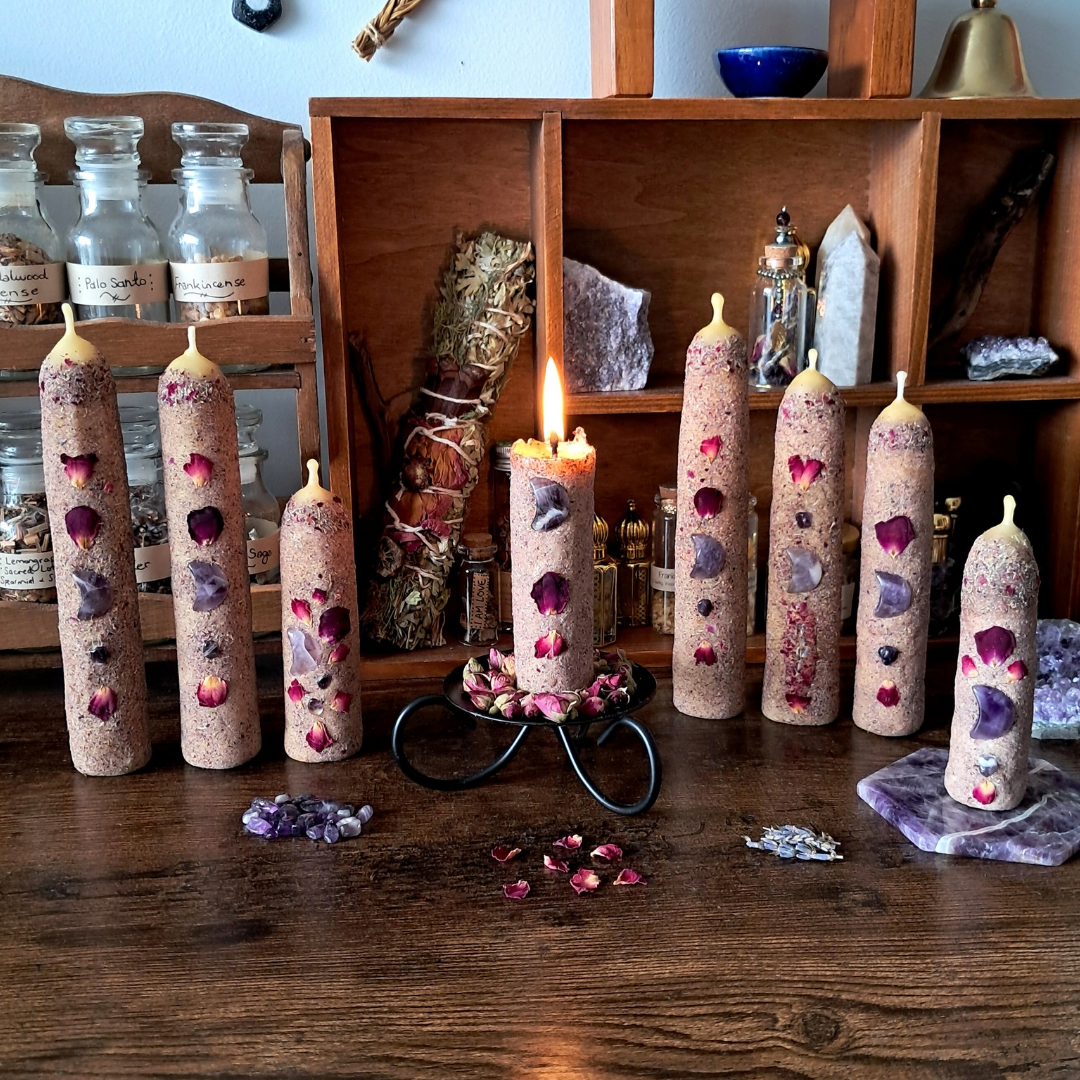 Rose & Lavender Beeswax Taper Candle Duo | with Rose Quartz & Amethyst
