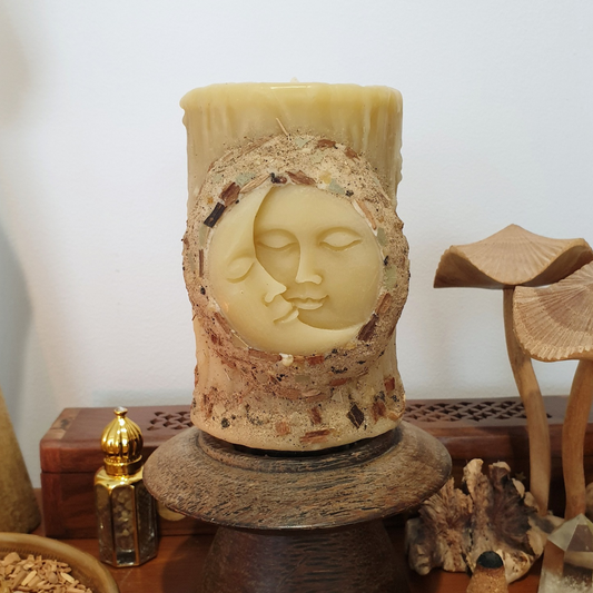 'Celestial Earth' Moon Beeswax Pillar Candle with Herbs & Woods | 70 hrs
