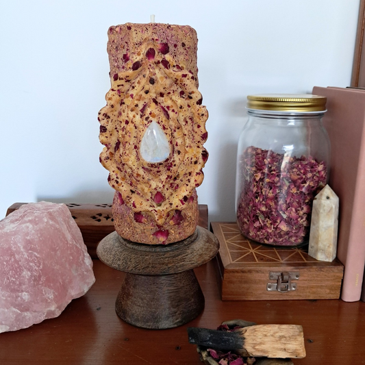 Large Yoni Beeswax Candle with Rainbow Moonstone ♡ Sacred Rose