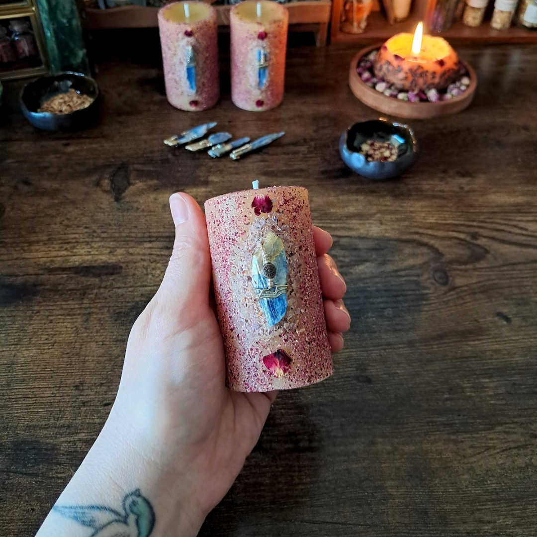 Kyanite & Rose | Small Beeswax Pillar Candle