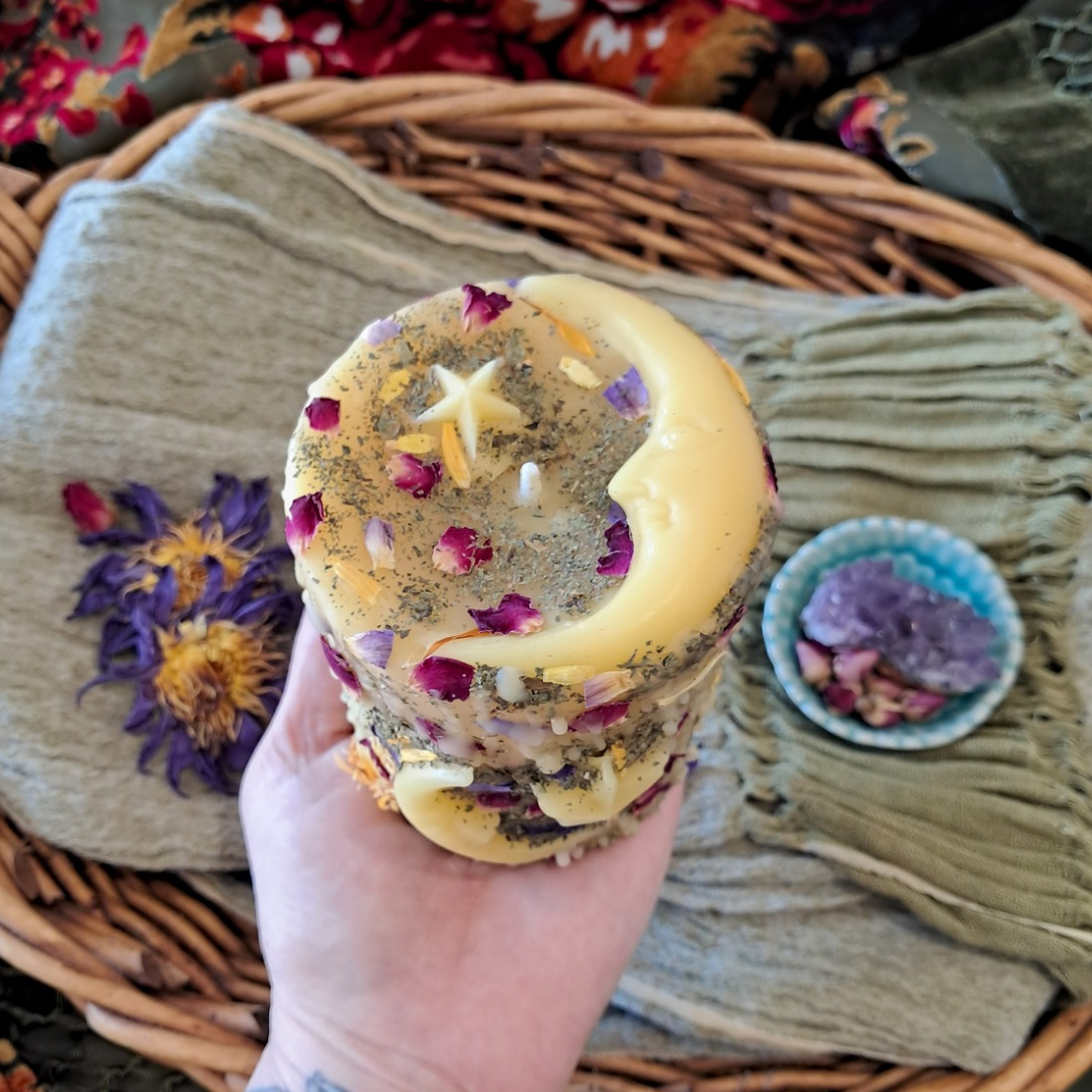'Lunar Bloom' Beeswax Pillar Candle ♡ Medium | 60+ hrs