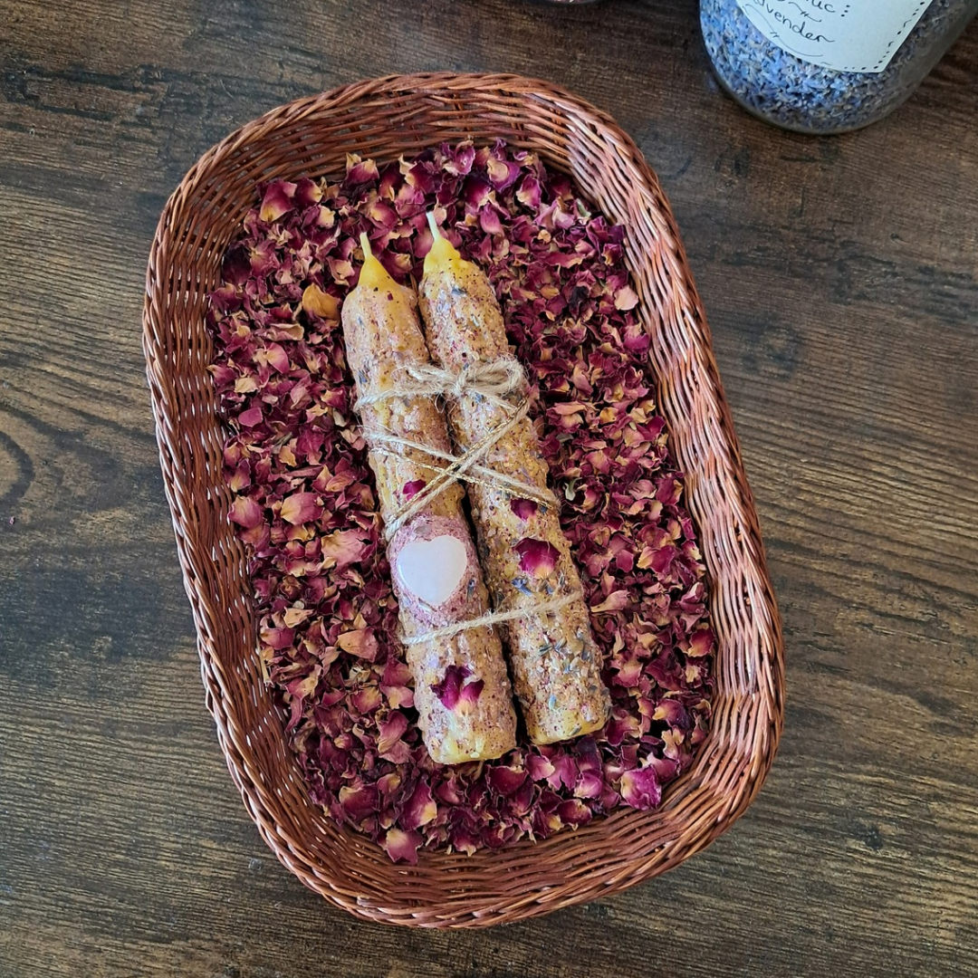 'Lavender Dreams' Beeswax Taper Candles with Rose Quartz (Pair) ♡ One-of-a-kind