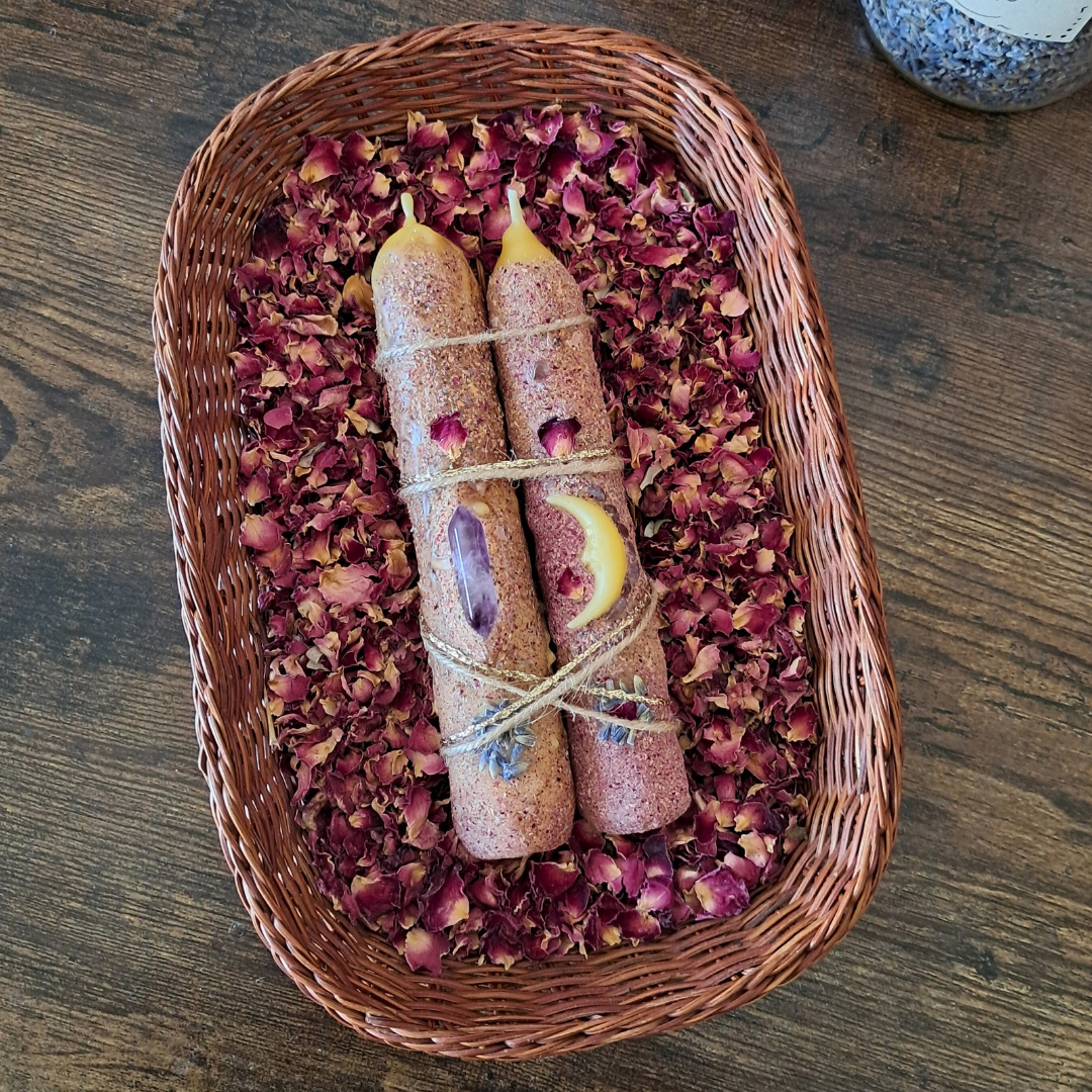 'Lavender Dreams' Beeswax Taper Candles with Amethyst (Pair) ♡ One-of-a-kind