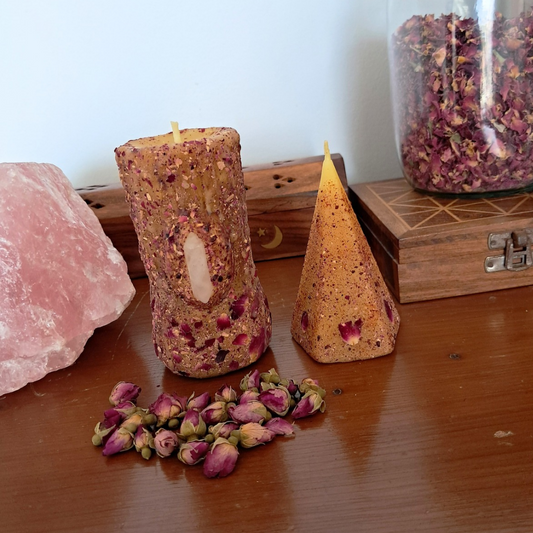 Set of 2 Beeswax Candles (Small Rose Quartz Pillar & Mini Dragon's Blood Pyramid) ♡ Sacred Rose