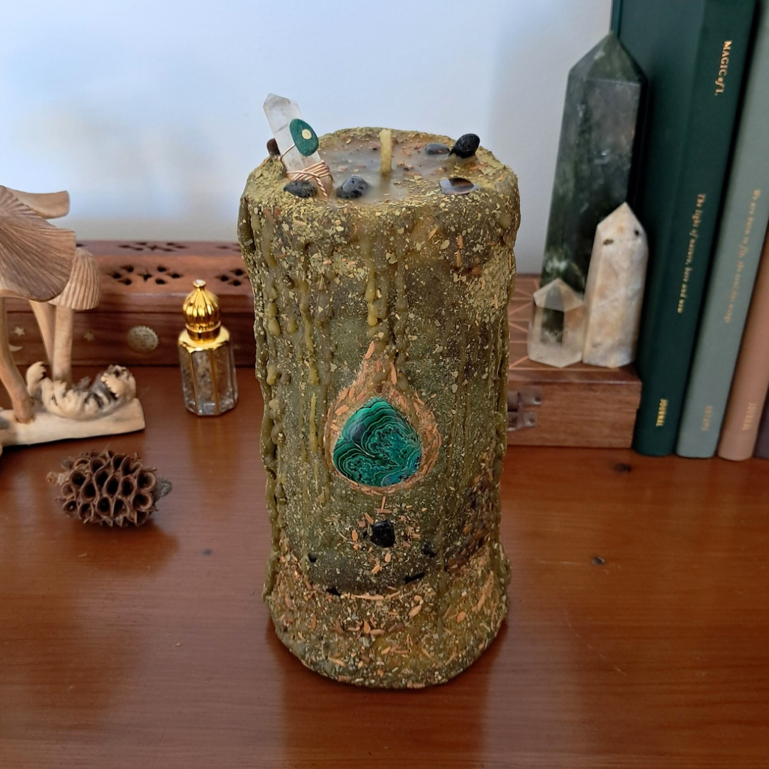 Chrysocolla & Malachite Large Beeswax Candle | The Mystic’s Forest