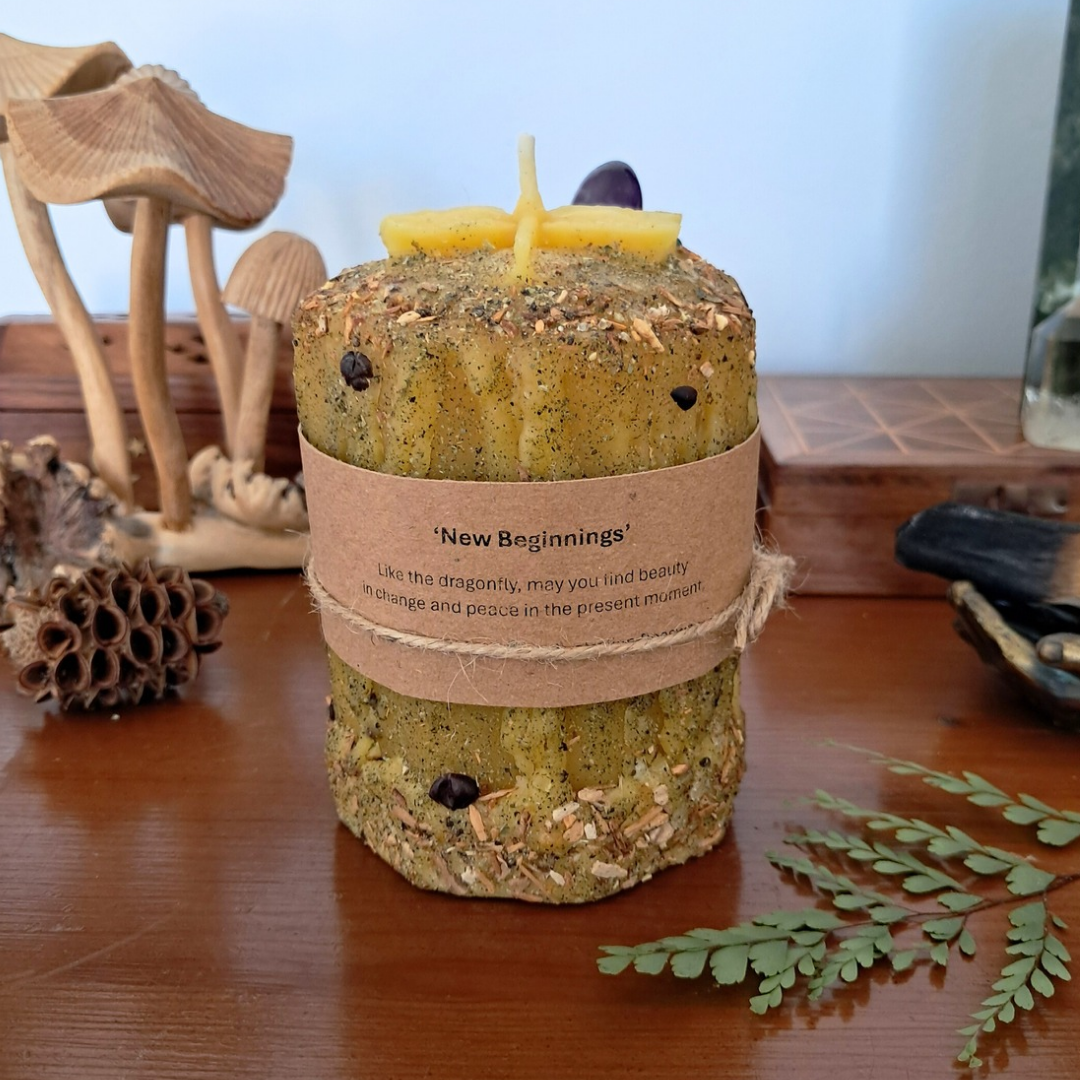 'Dragonfly' Amethyst Medium Beeswax Pillar Candle | The Mystic's Forest