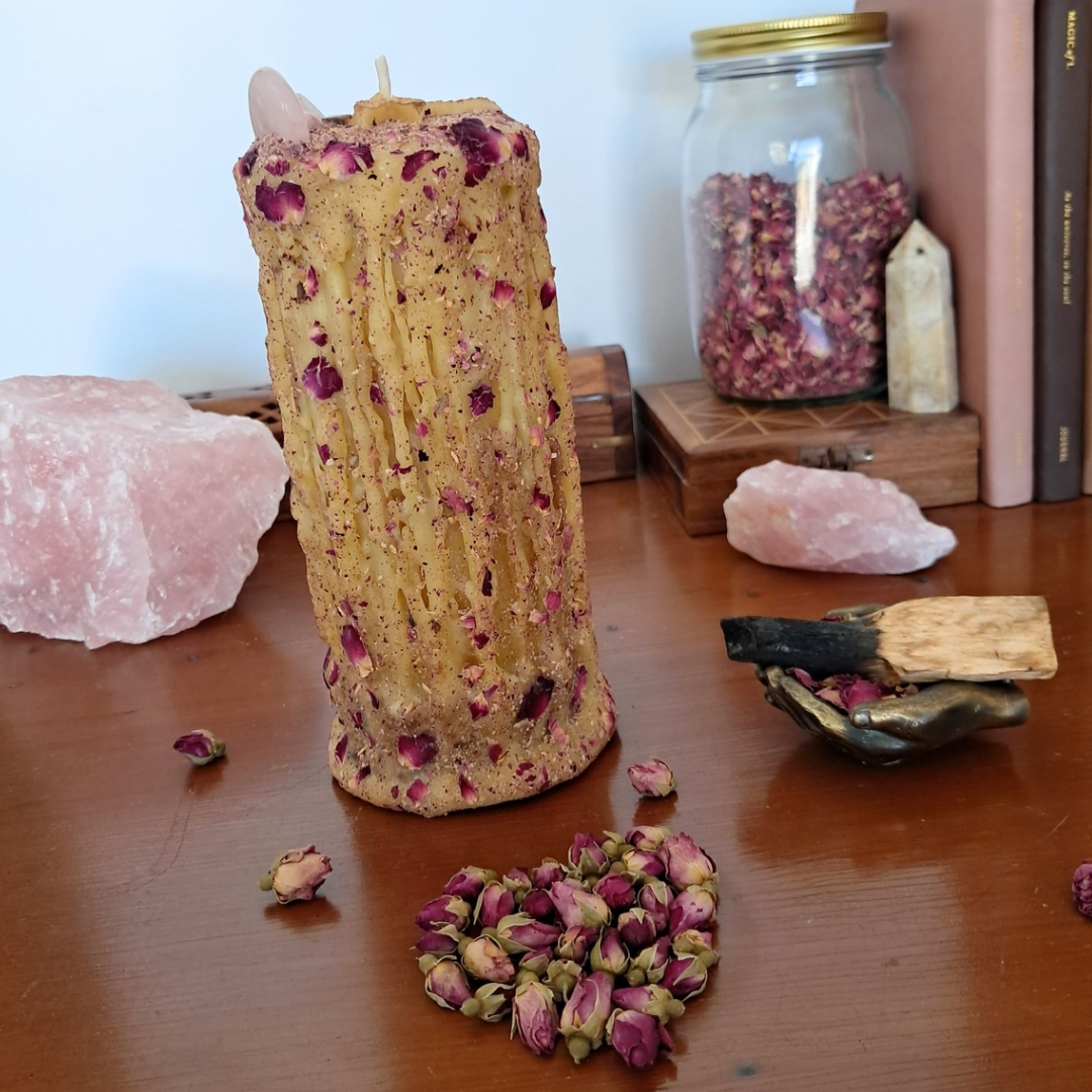 Extra Large Dragonfly Beeswax Candle with Gemstones ♡ Sacred Rose
