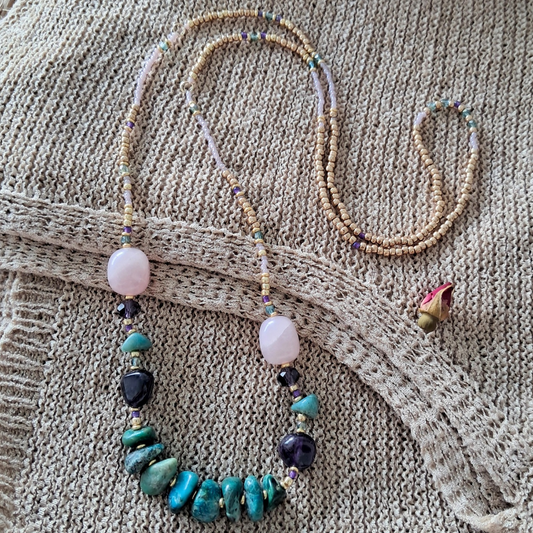 'Sovereign Spirit' Turquoise, Amethyst & Rose Quartz ♡ Long Beaded Necklace | One-of-a-kind
