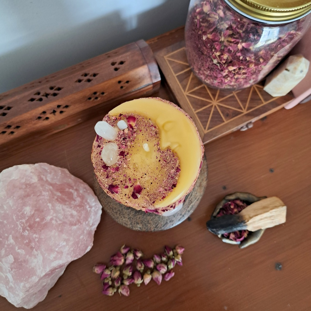 Medium Crescent Moon Beeswax Candle with Gemstones ♡ Sacred Rose