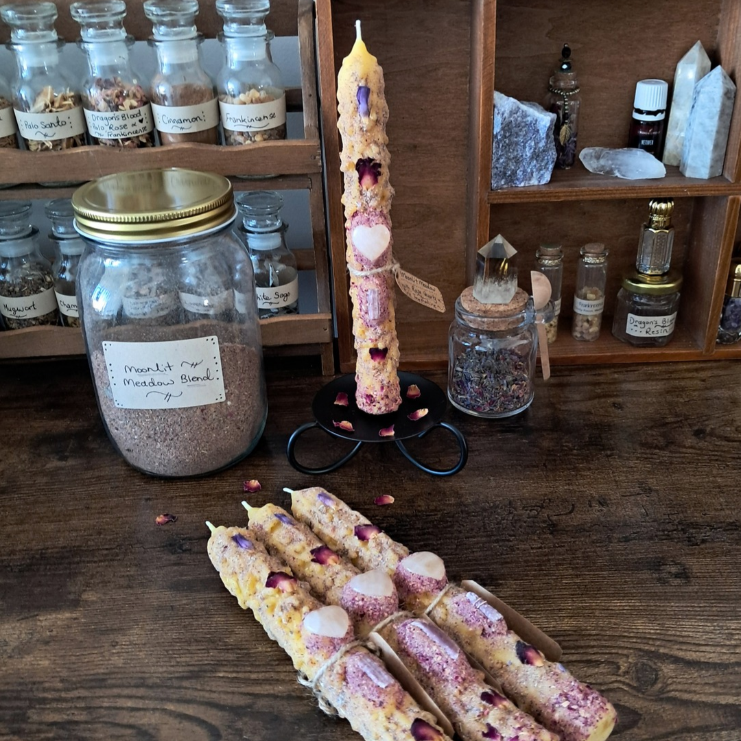 'Moonlit Meadow' Beeswax Taper Candle 21cm (Single) with Rose Quartz & Pink Tourmaline