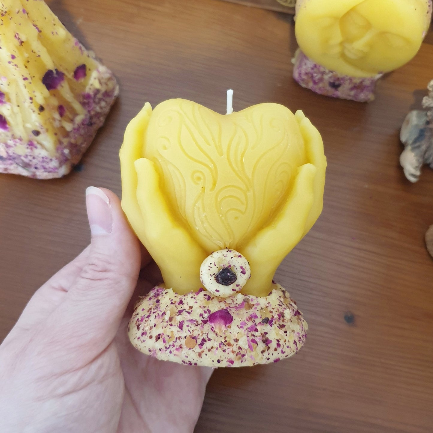 'Heart in Hands' Beeswax Candle with Rose, Dragon's Blood & Frankincense