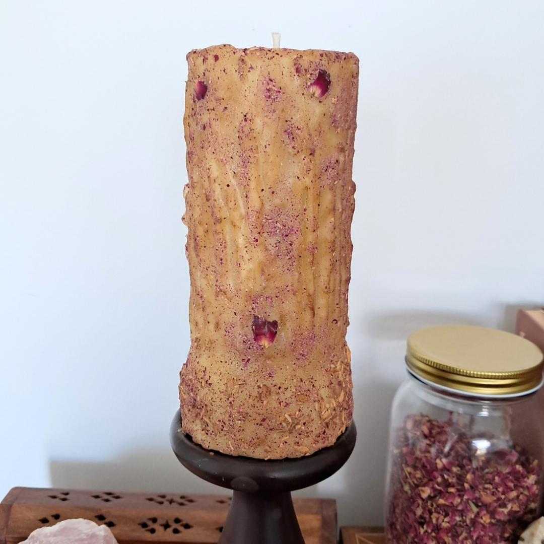 Large Yoni Beeswax Candle with Rainbow Moonstone ♡ Sacred Rose
