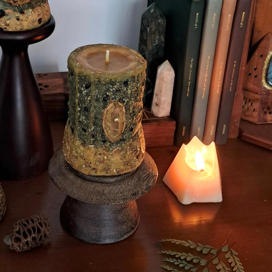 'Tangerine Quartz & Moonstone' Medium Beeswax Pillar Candle | The Mystic's Forest
