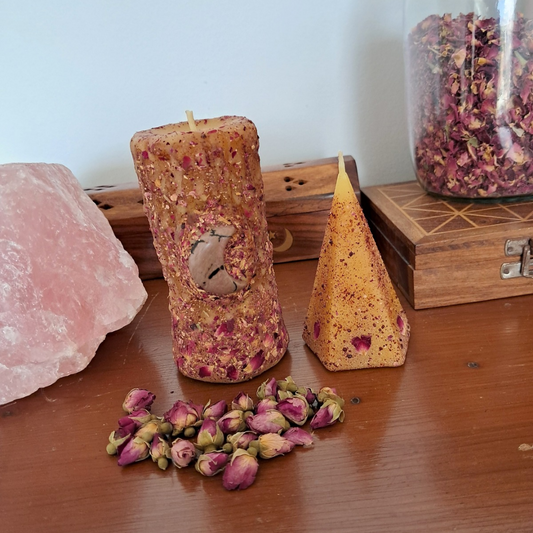 Set of 2 Beeswax Candles (Small Rhodinite Pillar & Mini Dragon's Blood Pyramid) ♡ Sacred Rose