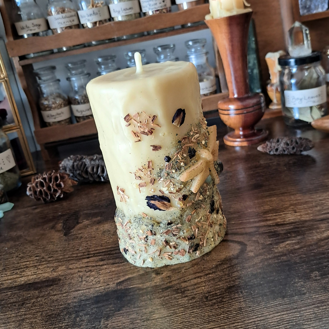 Dragonfly Beeswax Pillar Candle | The Mystic's Forest