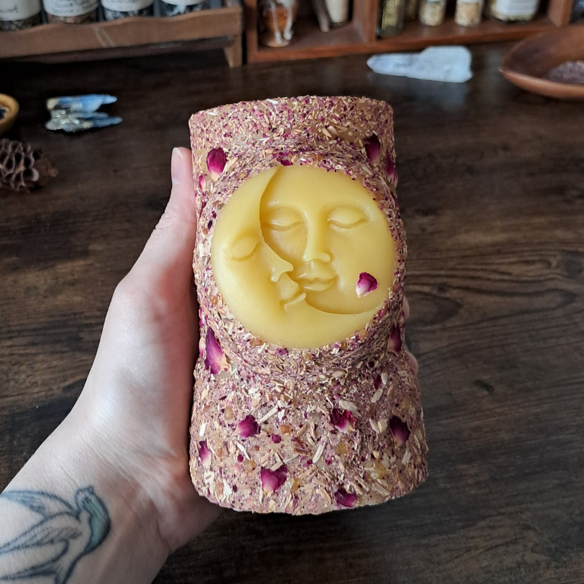 Sun & Moon Beeswax Pillar Candle | Palo Santo, WA Sandalwood, Rose, Frankincense & Myrrh