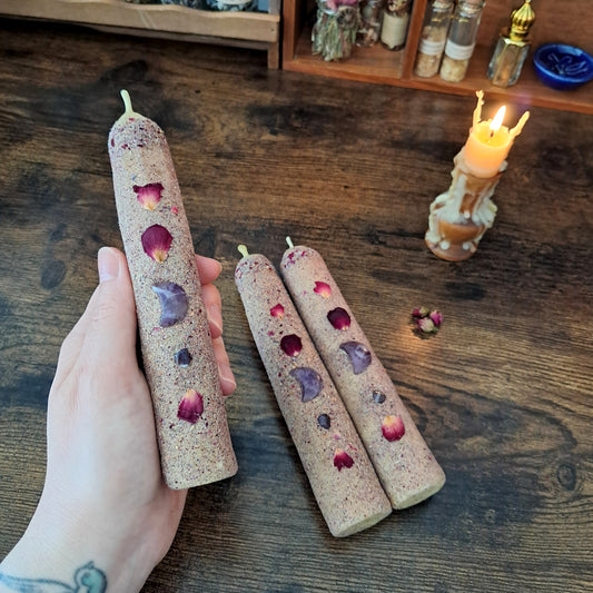 Lavender & Rose Beeswax Taper Candle 16cm | with Amethyst Cresent Moon Gemstone