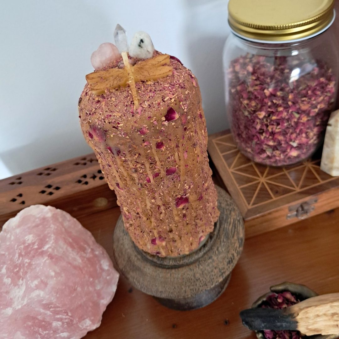 Large Dragonfly Beeswax Candle with Gemstones ♡ Sacred Rose